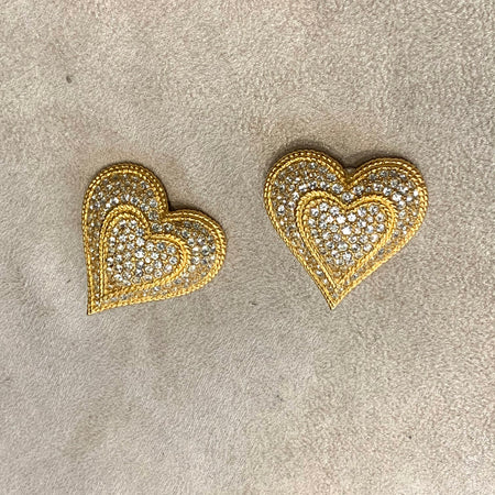Crystal double  heart vintage gold clip on earrings - The Hirst Collection