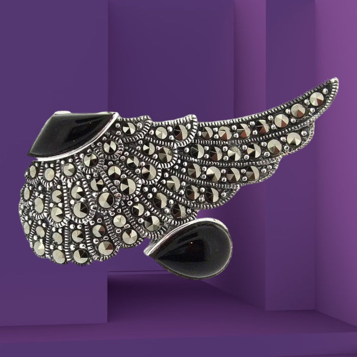 Art Deco Ring Silver Black Marcasite Angel Wing