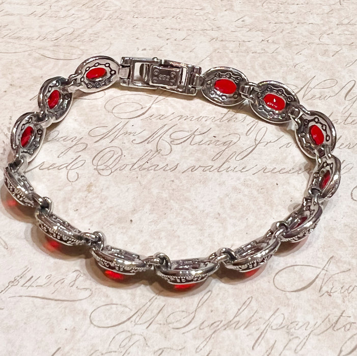 Marcasite Sterling Silver and Ruby coloured Cubic Zirconia Bracelet Delicate