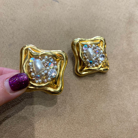 Jacky De G Chunky Vintage Gold Square pearl  Earrings - The Hirst Collection