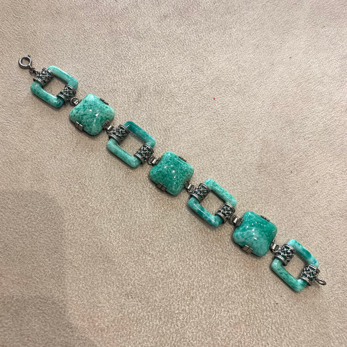 Jade Green Vintage Czech Glass Squares Bracelet - The Hirst Collection