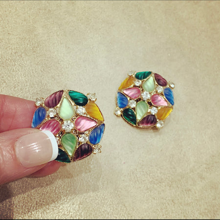 Multi coloured symmetrical vintage clip on earrings in - The Hirst Collection