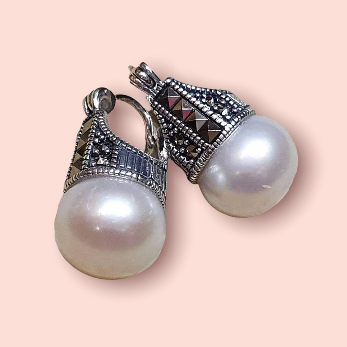 Freshwater Pearl Marcasite Sterling Silver Earrings Pierced