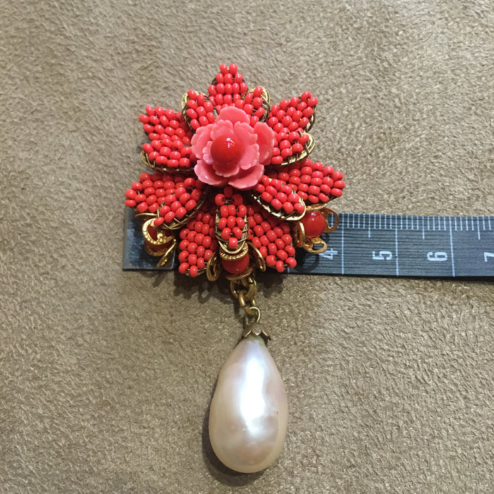 Coral Beads Baroque Pearl Drop Brooch Unsigned Hagler