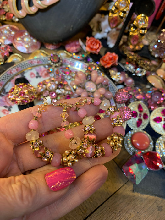 Askew London Pink Glass Crystal Hoop Beaded Earrings Silver Gold Unsigned