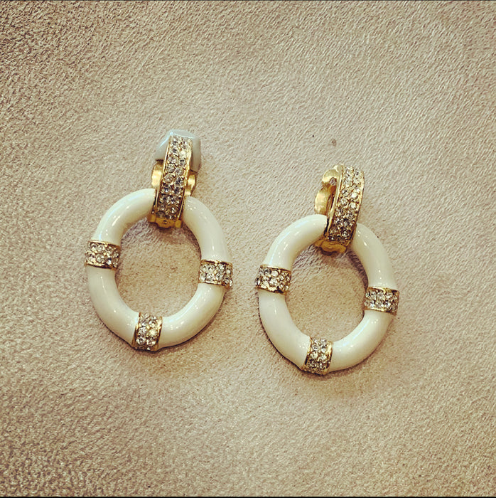 Ciner White enamel hoop clip on earrings - The Hirst Collection