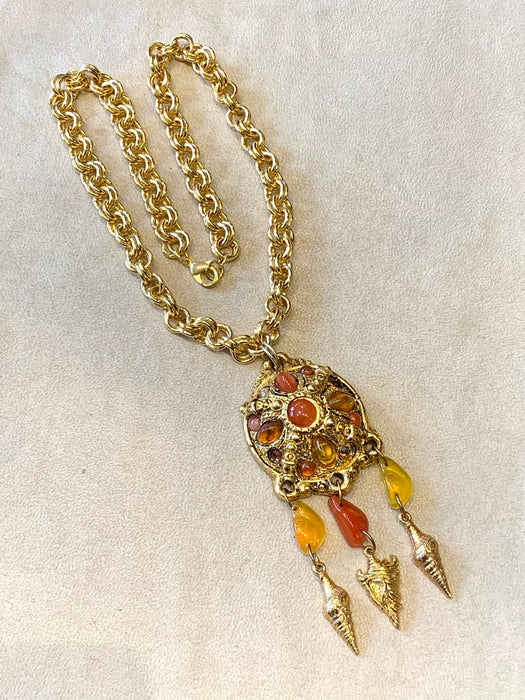 Large amber gold tone vintage  pendant necklace - The Hirst Collection