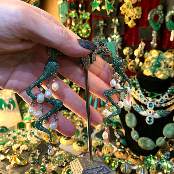 Snake Pearl Statement Earrings Emerald Green