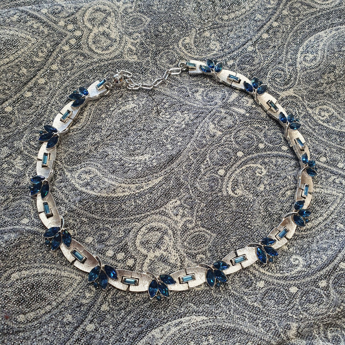 Silver Plated Necklace Sapphire Blue Crystal by Trifari Unsigned - The Hirst Collection