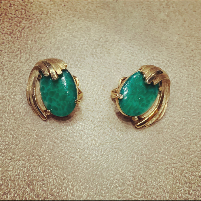 Trifari Vintage Jade glass clip on oval earrings - The Hirst Collection
