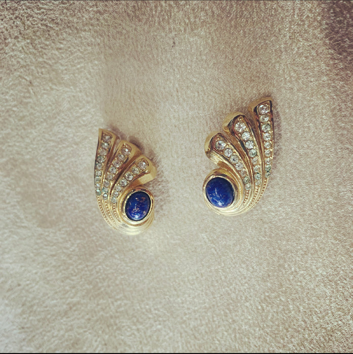 Grosse Vintage Wing Earrings Lapis Gold clip on - The Hirst Collection