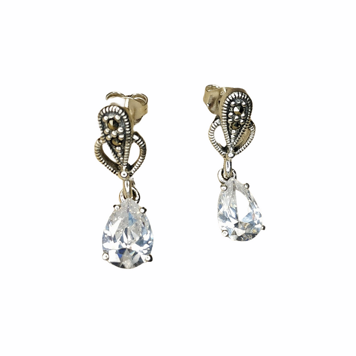 Clear Crystal Earrings Teardrop Silver Marcasite - The Hirst Collection