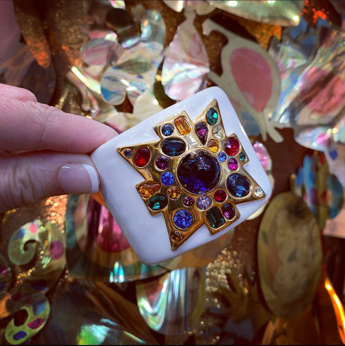 Kenneth Jay Lane Jewelled Cross White Enamel Cuff Bracelet - The Hirst Collection