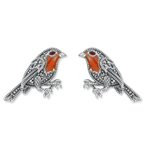 Robin earrings silver Marcasite enamel