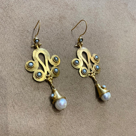 Etruscan style pearl gold drop earrings - The Hirst Collection