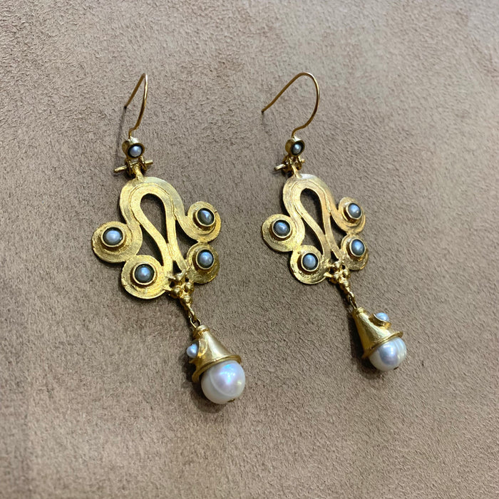 Etruscan style pearl gold drop earrings - The Hirst Collection