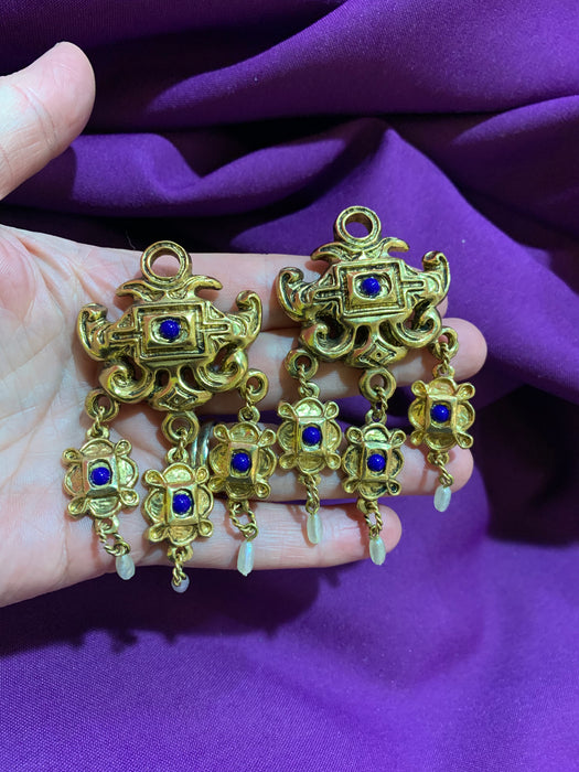 Gold lapis blue chandelier earrings