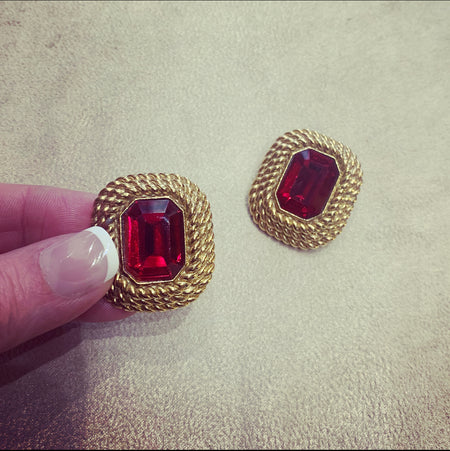 Red Square Earrings by Sphinx Clip On Gold - The Hirst Collection