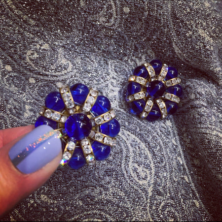 Cobalt Blue Beaded and Crystal Earrings Gold Plated Clip on - The Hirst Collection