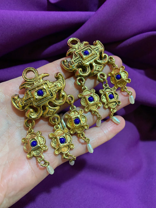 Gold lapis blue chandelier earrings