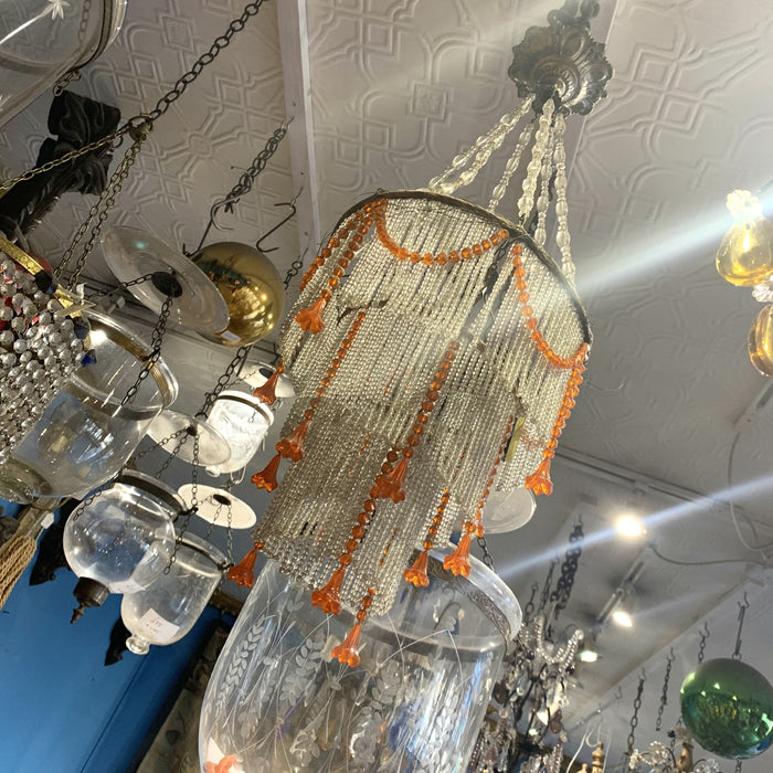 Art Deco 1920s tassel fringe chandelier orange floral glass - The Hirst Collection