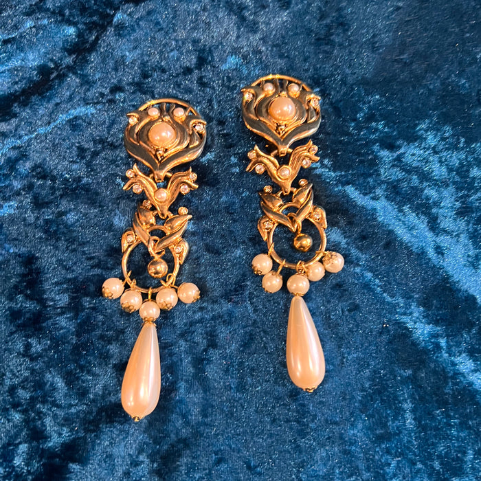 Abbey Road Pearl and Gold Chandelier Statement Earrings