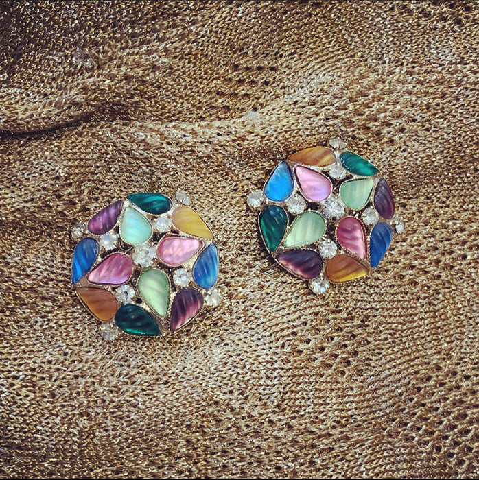 Multi coloured symmetrical vintage clip on earrings in - The Hirst Collection