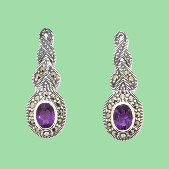 Amethyst silver Marcasite plait oval Earrings - The Hirst Collection