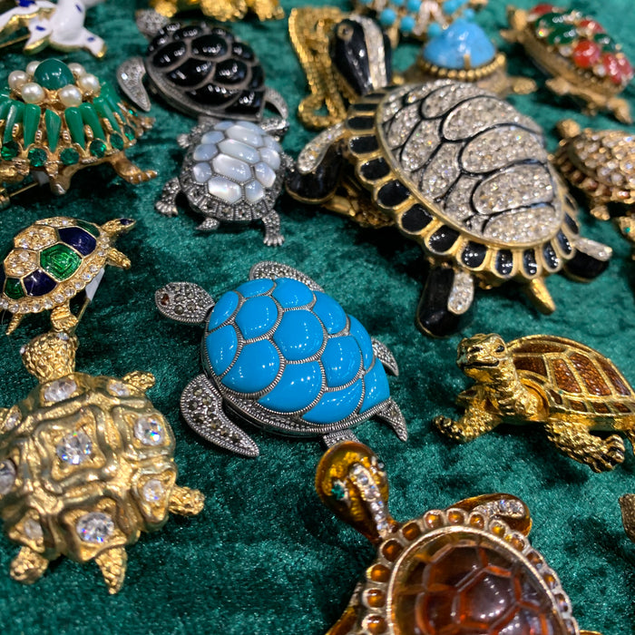 Vintage Kenneth Jay Lane Turtle Brooch Turquoise Gold Crystal - The Hirst Collection