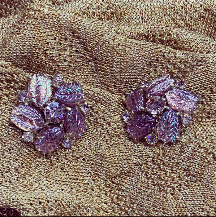 Vintage Schiaparelli Clip on Earrings Purple leaf glass - The Hirst Collection