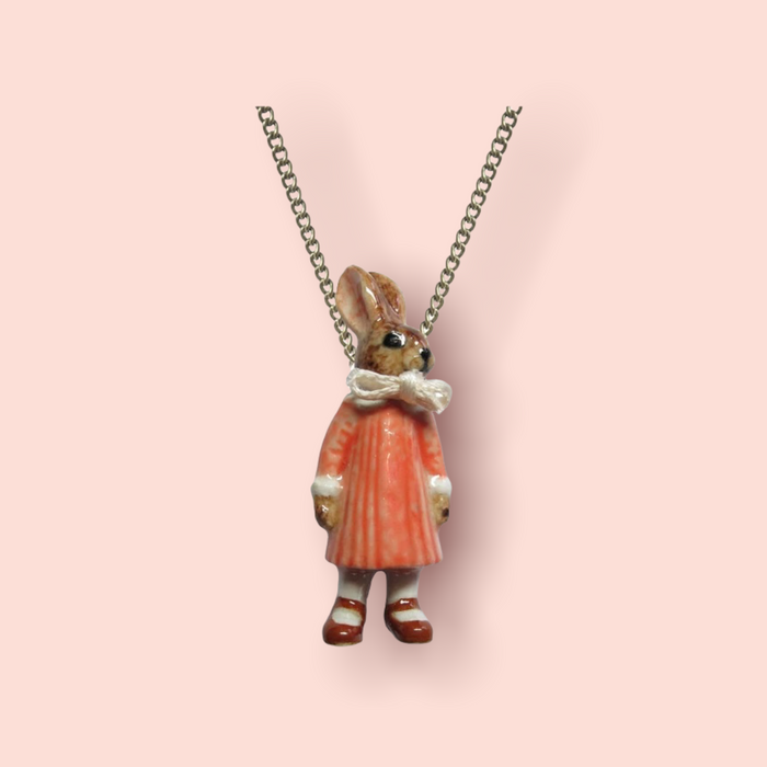Bunny Girl in a Pink Dress Brown Rabbit Pendant by And Mary
