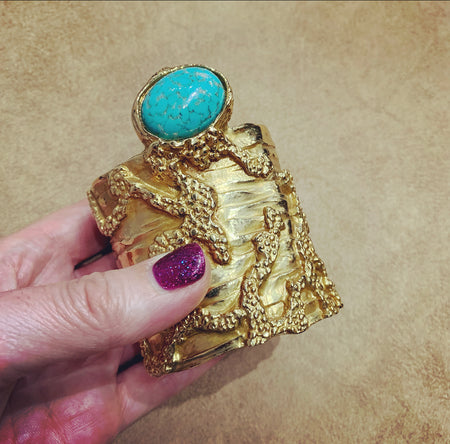 Yves Saint Laurent Gold Turquoise Statement Arty Cuff Bracelet YSL - The Hirst Collection
