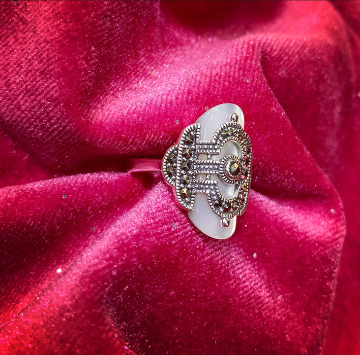 Art Deco Ring with Mother of pearl and Marcasite detail - The Hirst Collection