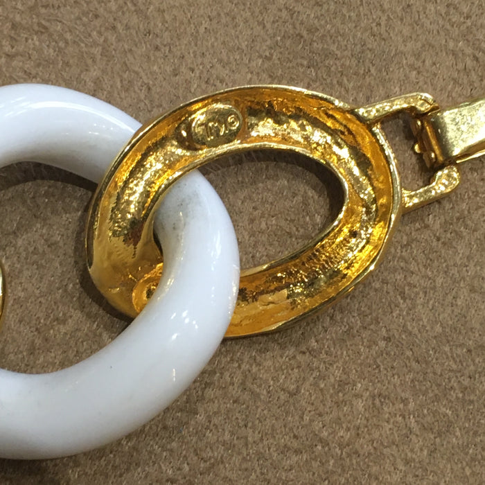 Kenneth Jay Lane Vintage Gold Plated White Acrylic Chain Bracelet Signed - The Hirst Collection