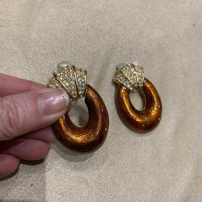 Ciner Vintage Earrings Gold / Brown Enamel Door Koocker Clip On - The Hirst Collection