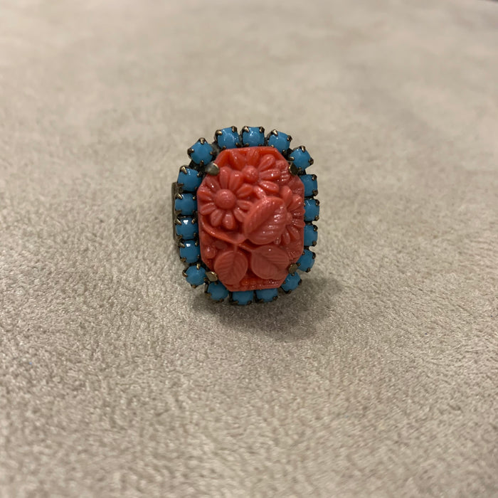 Coral and turquoise glass ring by Frangos - The Hirst Collection