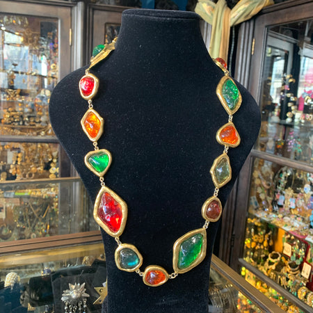 Yves Saint Laurent Large Statement Necklace red green orange Gripoix glass Rive Gauche - The Hirst Collection