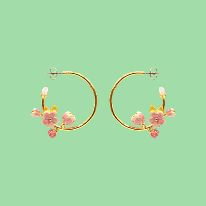 Pink Cherry Blossum flower hoop earrings by Bill Skinner - The Hirst Collection