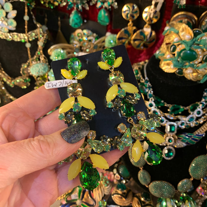 Green Yellow Statement Earrings Swarovski Crystal Chandelier Pierced by Frangos