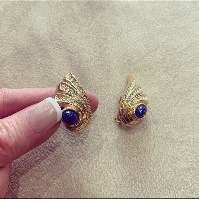 Grosse Vintage Wing Earrings Lapis Gold clip on - The Hirst Collection