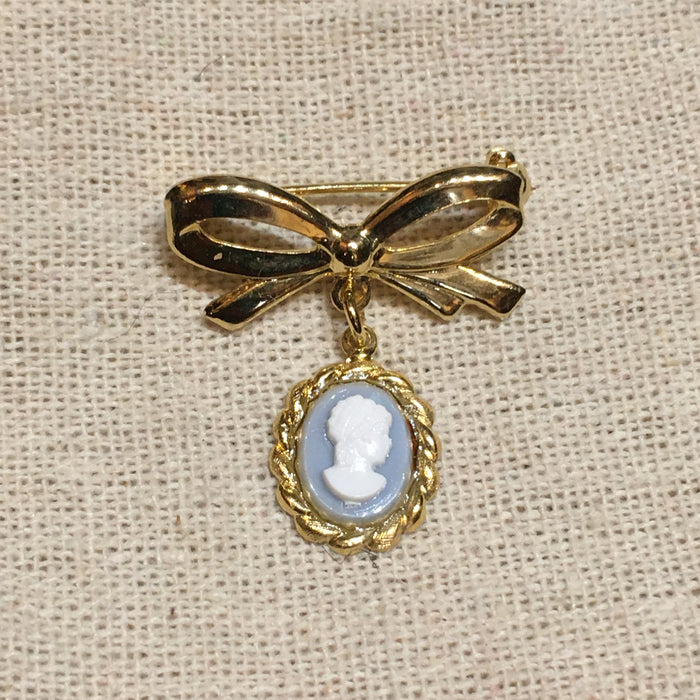 Vintage Small Blue Cameo Brooch With Gold Bow
