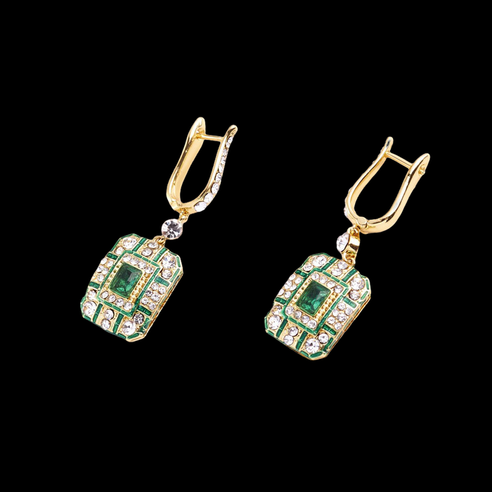 Art Deco emerald crystal gold drop earrings by Bill Skinner - The Hirst Collection