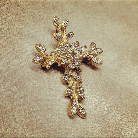 Christian Lacroix Gold Crystal Cross Brooch Pendant - The Hirst Collection