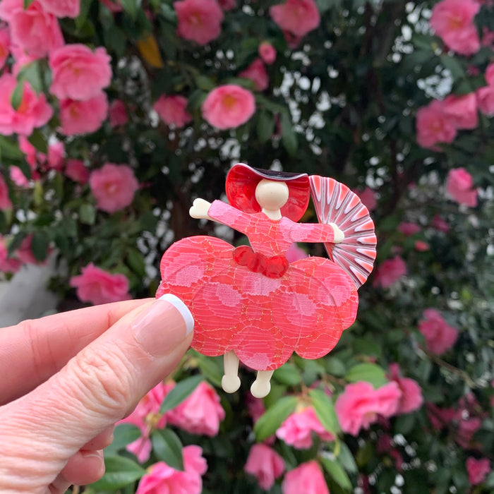 Lea Stein Scarlett Ballerina brooch with fan in pink - The Hirst Collection