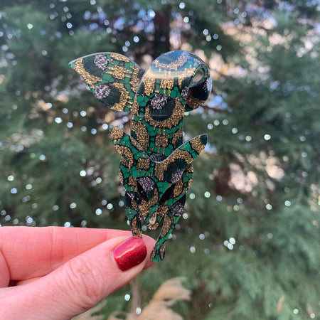 Lea Stein Fox Brooch in green and gold swirl - The Hirst Collection