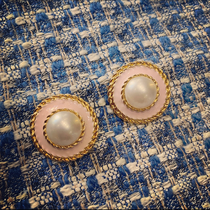 Vintage Pink Enamel Faux Pearl Clips on Earrings Gold Plated