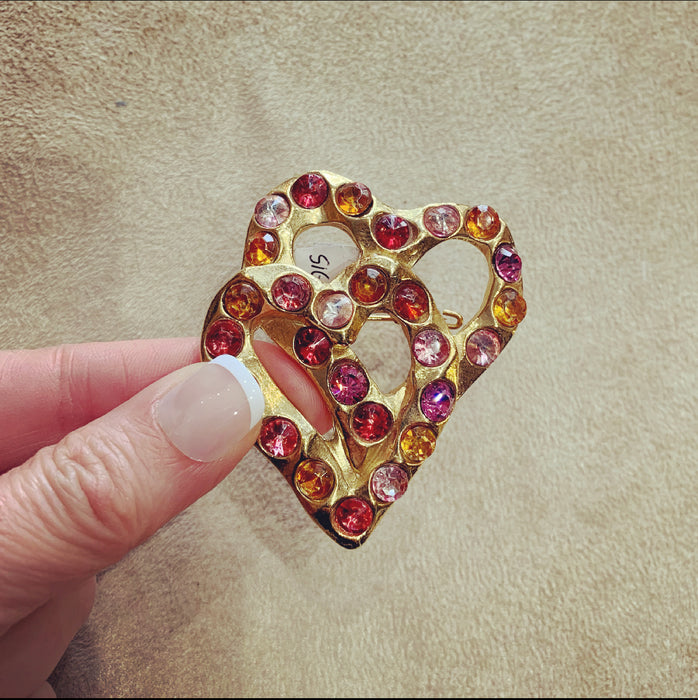 Gold Pink Double Heart Vintage Love Brooch - The Hirst Collection