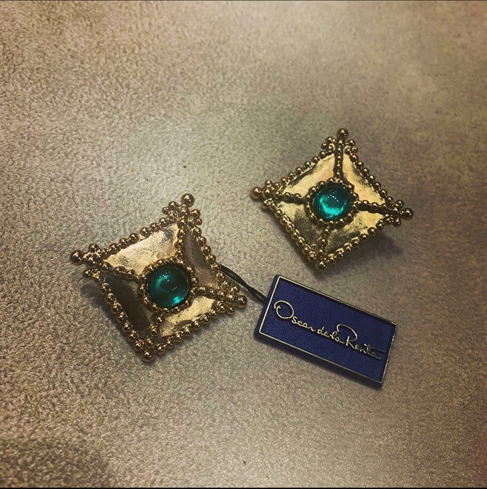Green square clip on earrings by Oscar de la Renta - The Hirst Collection