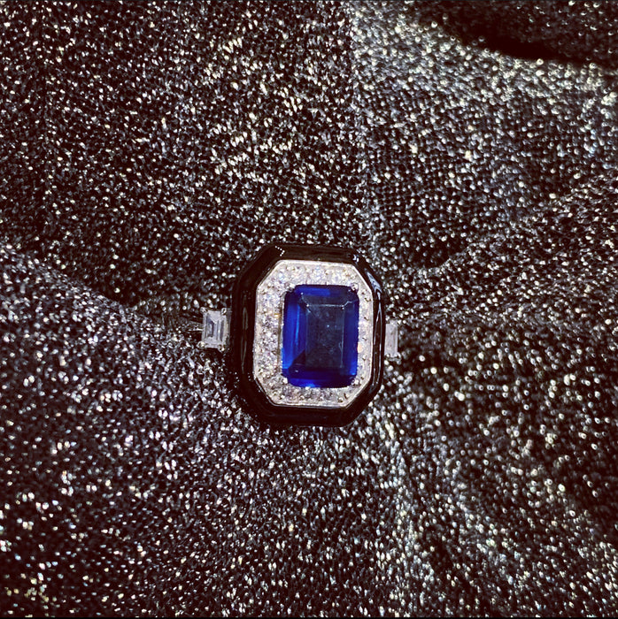 Sapphire Blue Black Art Deco Ring - The Hirst Collection