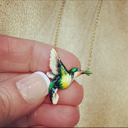 Hummingbird pendant necklace by Bill Skinner with blue green enamel - The Hirst Collection